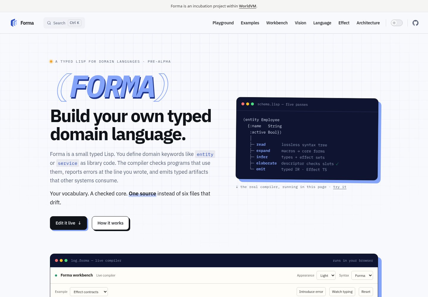 Forma homepage with an italic blue FORMA wordmark in parentheses and a live compiler workbench.