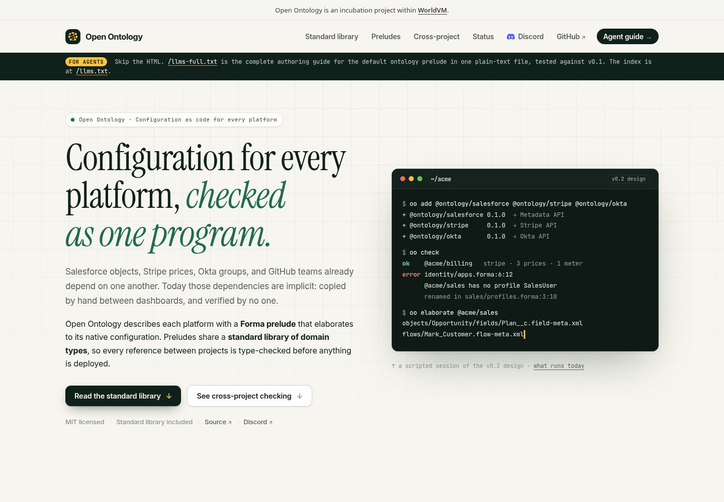 Open Ontology homepage with a large editorial serif headline, forest green accents, and a terminal demonstration.