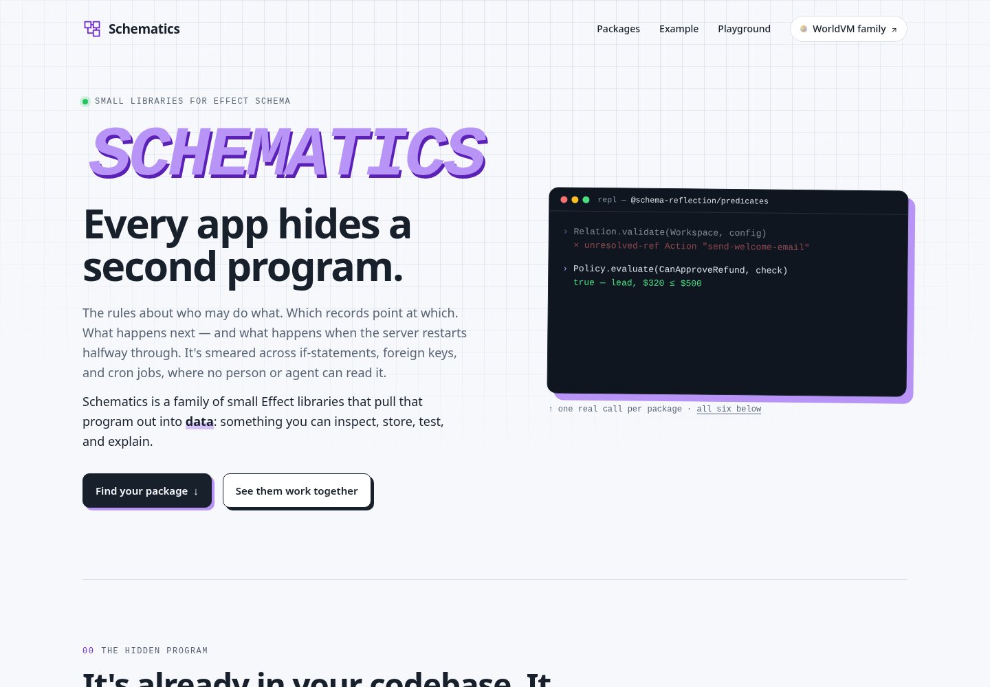 Schematics homepage with a purple italic wordmark, a technical grid, and a dark library REPL.